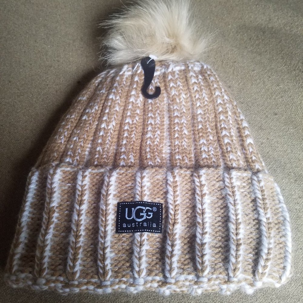 Tan and White UGG Pom Pom Beanie Hat